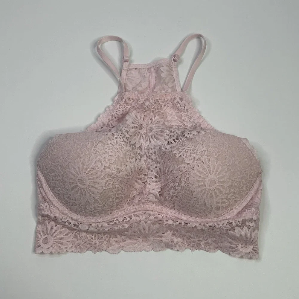 VICTORIA'S SECRET PINK Womens Small Lace Bralette Bra Light Pink Underwire V-day